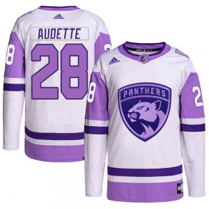 Authentic Adidas Adult Donald Audette White/Purple Hockey Fights Cancer Primegreen Jersey - NHL Florida Panthers