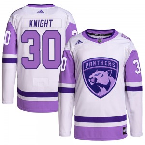 Authentic Adidas Adult Spencer Knight White/Purple Hockey Fights Cancer Primegreen Jersey - NHL Florida Panthers
