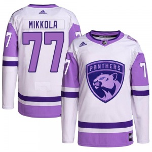 Authentic Adidas Adult Niko Mikkola White/Purple Hockey Fights Cancer Primegreen Jersey - NHL Florida Panthers