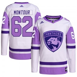 Authentic Adidas Adult Brandon Montour White/Purple Hockey Fights Cancer Primegreen Jersey - NHL Florida Panthers