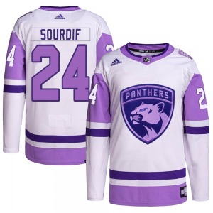 Authentic Adidas Adult Justin Sourdif White/Purple Hockey Fights Cancer Primegreen Jersey - NHL Florida Panthers