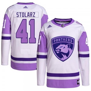 Authentic Adidas Adult Anthony Stolarz White/Purple Hockey Fights Cancer Primegreen Jersey - NHL Florida Panthers
