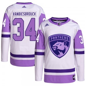 Authentic Adidas Adult John Vanbiesbrouck White/Purple Hockey Fights Cancer Primegreen Jersey - NHL Florida Panthers