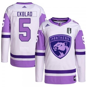 Authentic Adidas Youth Aaron Ekblad White/Purple Hockey Fights Cancer Primegreen 2023 Stanley Cup Final Jersey - NHL Florida Pan