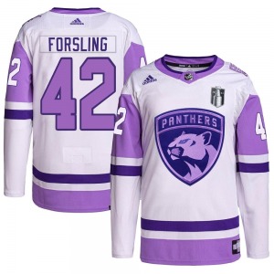 Authentic Adidas Youth Gustav Forsling White/Purple Hockey Fights Cancer Primegreen 2023 Stanley Cup Final Jersey - NHL Florida 