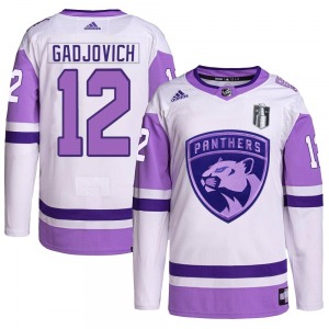 Authentic Adidas Youth Jonah Gadjovich White/Purple Hockey Fights Cancer Primegreen 2023 Stanley Cup Final Jersey - NHL Florida 