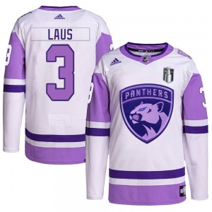 Authentic Adidas Youth Paul Laus White/Purple Hockey Fights Cancer Primegreen 2023 Stanley Cup Final Jersey - NHL Florida Panthe