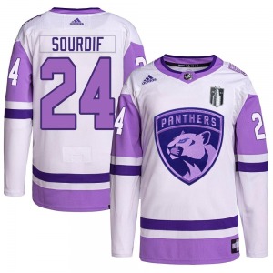 Authentic Adidas Youth Justin Sourdif White/Purple Hockey Fights Cancer Primegreen 2023 Stanley Cup Final Jersey - NHL Florida P