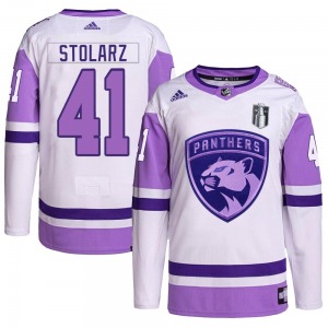 Authentic Adidas Youth Anthony Stolarz White/Purple Hockey Fights Cancer Primegreen 2023 Stanley Cup Final Jersey - NHL Florida 